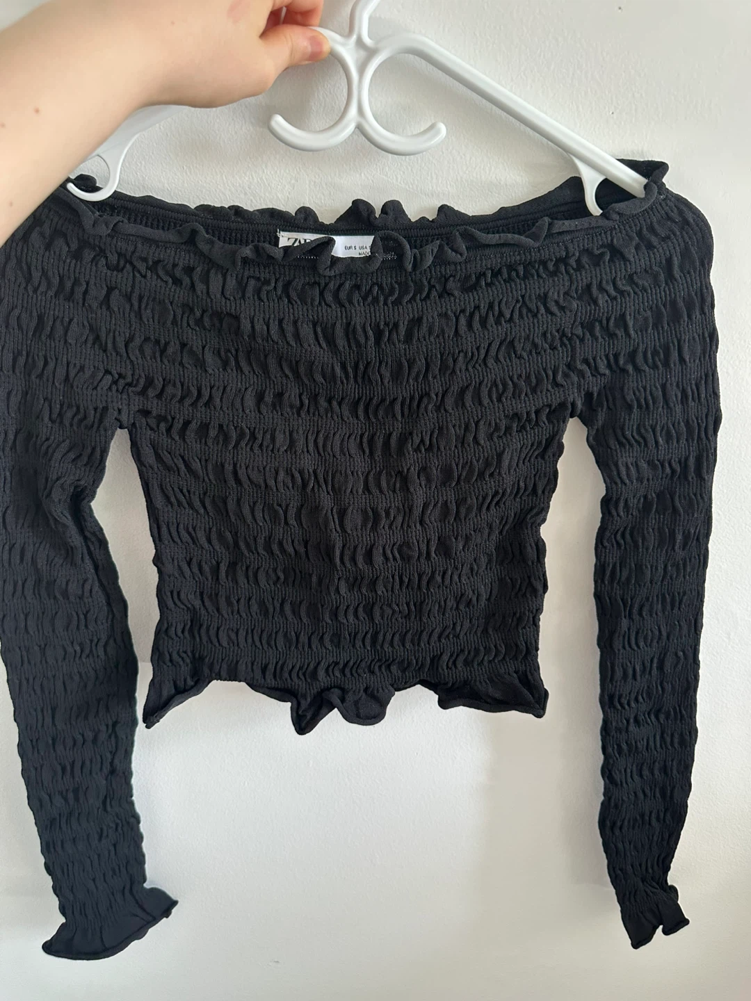 ZARA Black Smocked Off-the-Shoulder Top - Size S