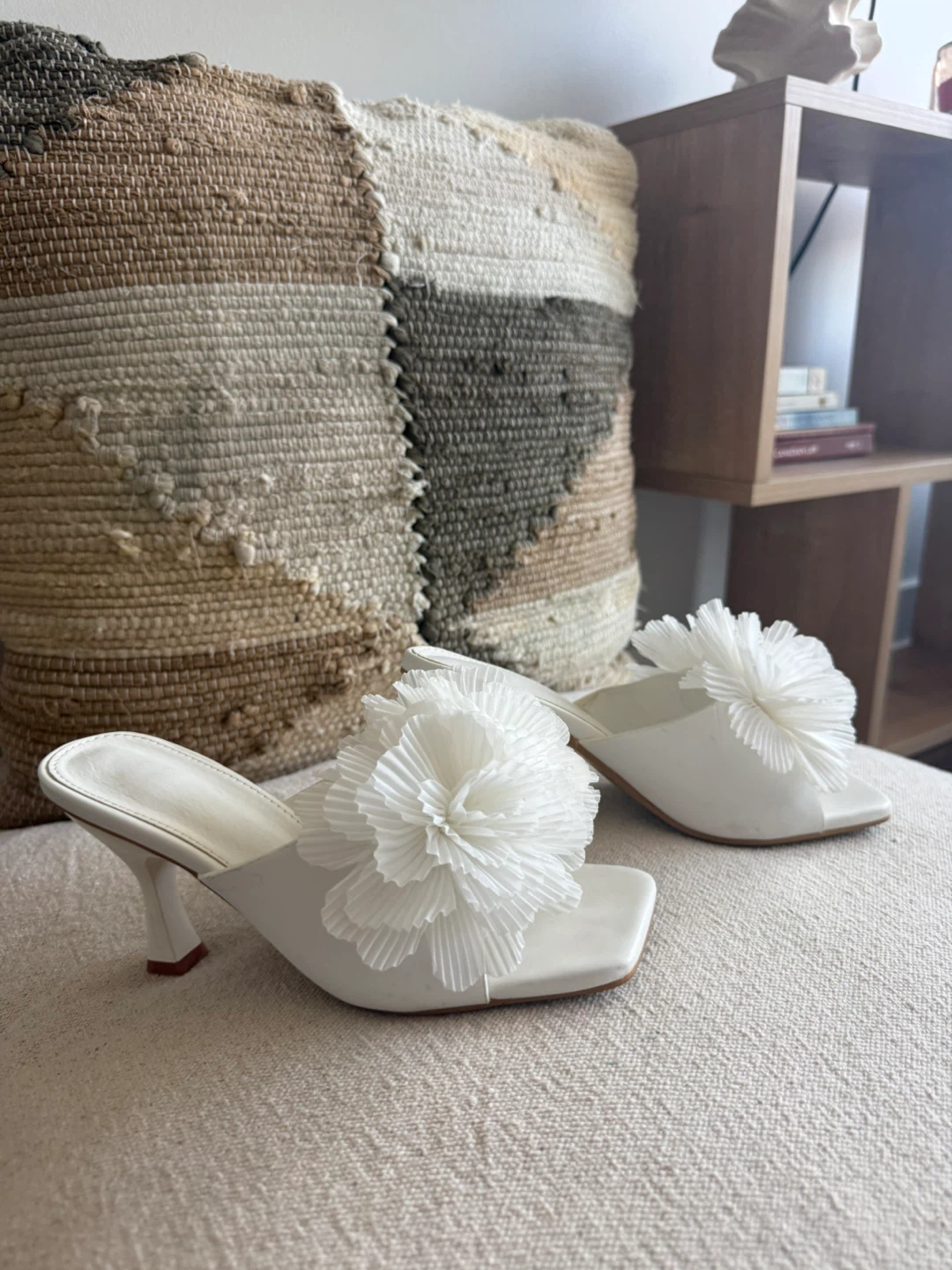 White Heeled Mules with Flower Detail