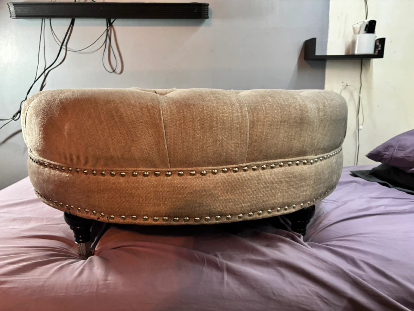 Tufted Round Ottoman with Studded Trim - photo 2