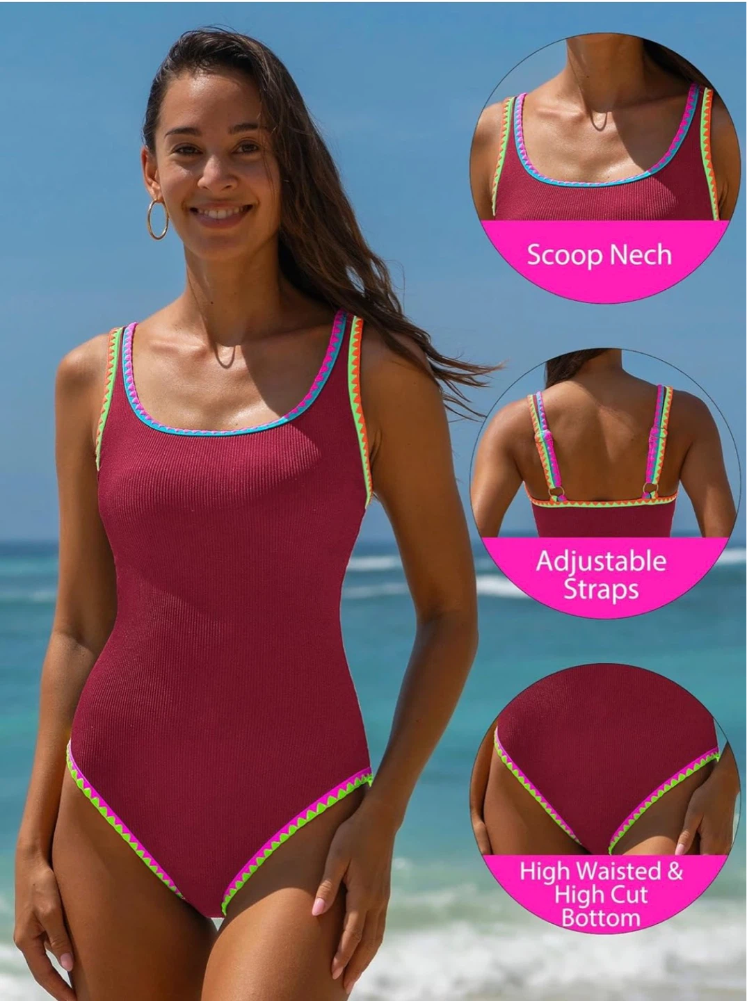 🌺 Neon Pink One-Piece Swimsuit (Size Large) – NEW with Tags 🌺 - photo 4