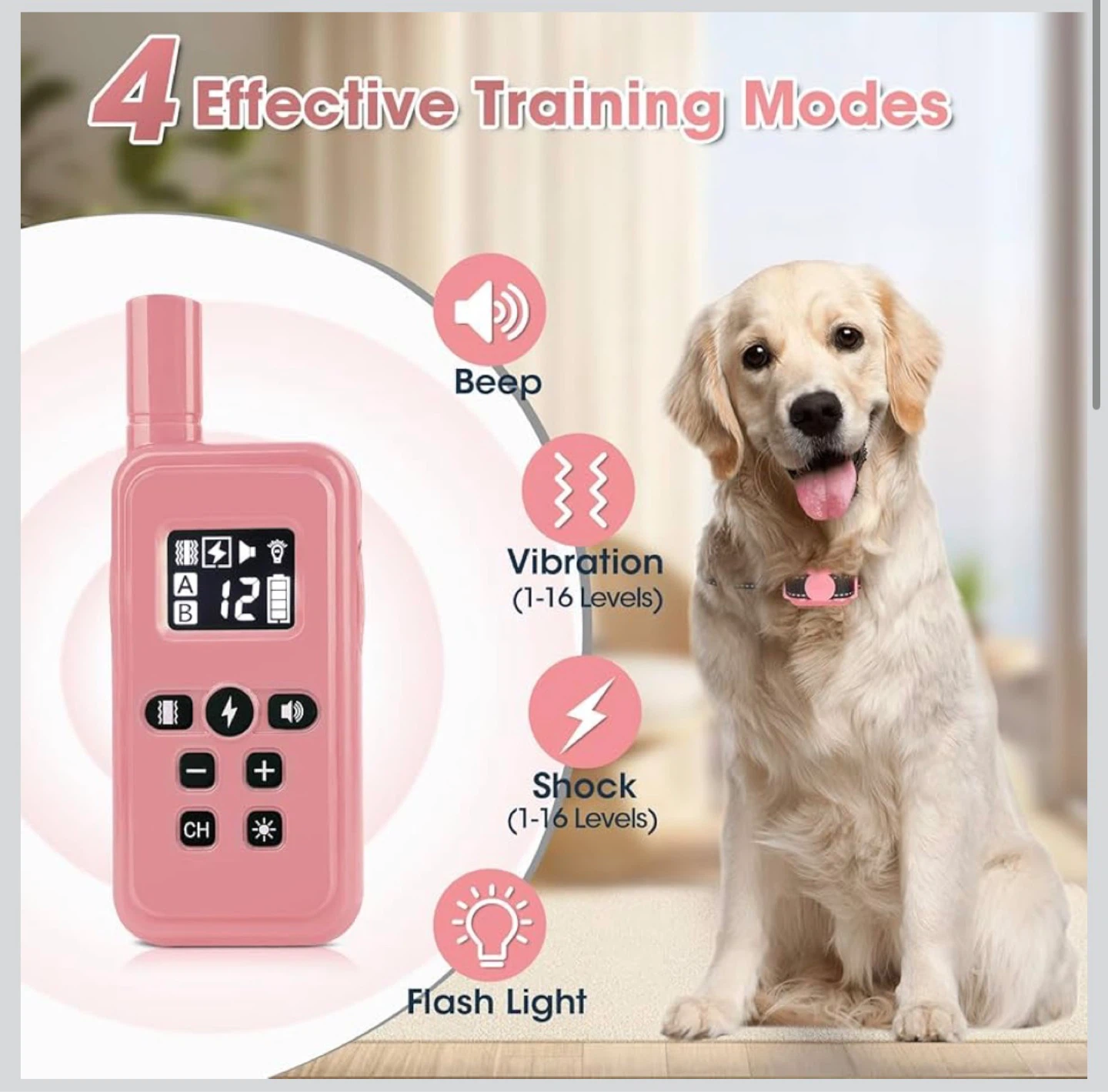 FASHILEAD Pink Dog Training Collar, 2000ft Range, Waterproof - photo 3