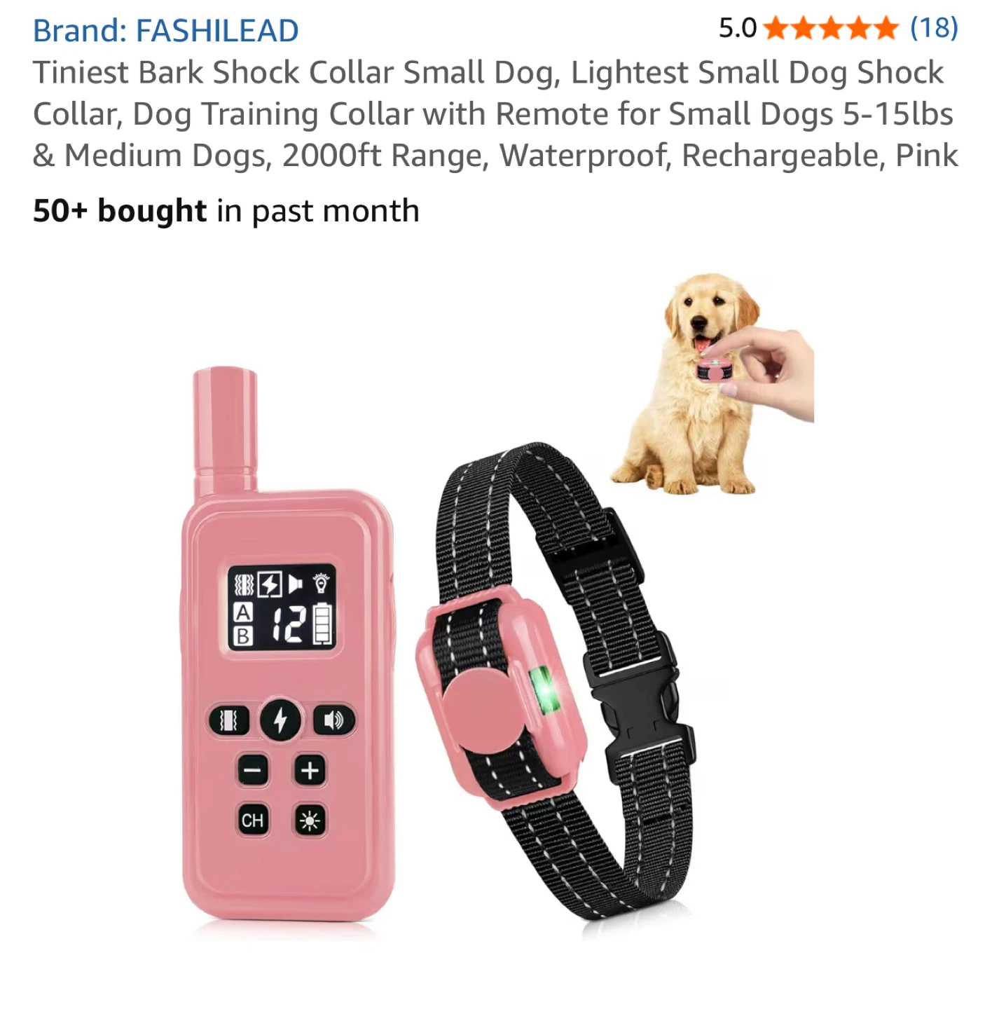 FASHILEAD Pink Dog Training Collar, 2000ft Range, Waterproof