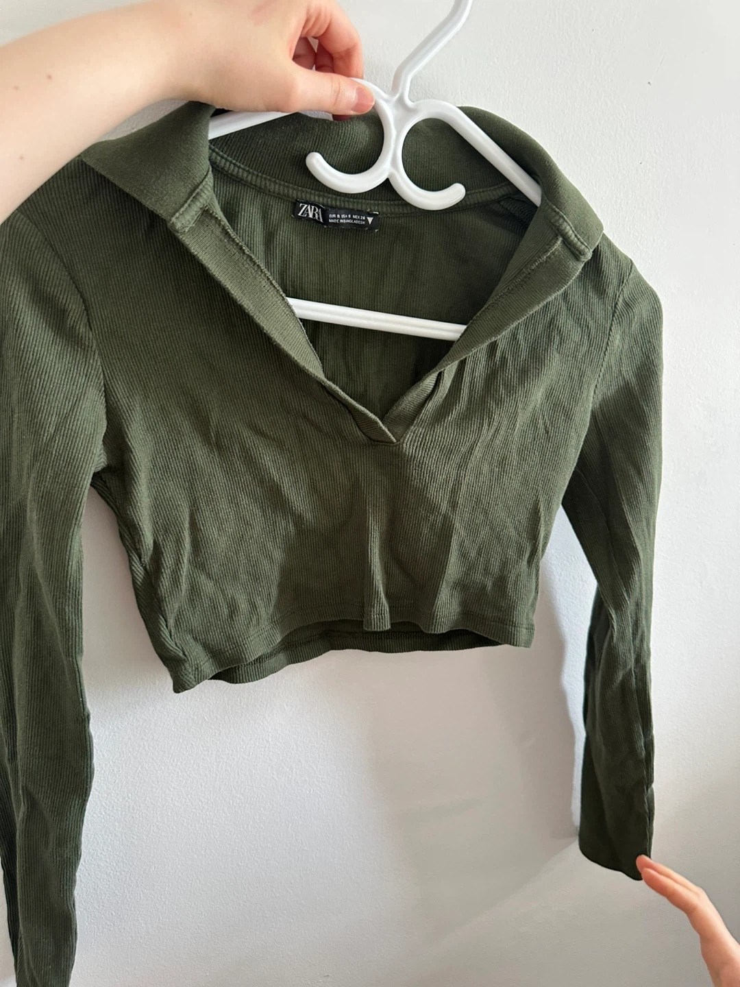 ZARA Ribbed Cropped Polo Shirt - Green - Size S