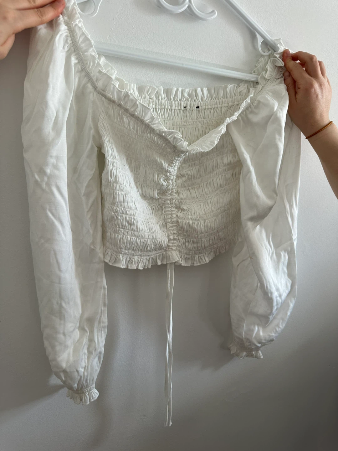 White Smocked Off-the-Shoulder Long Sleeve Top