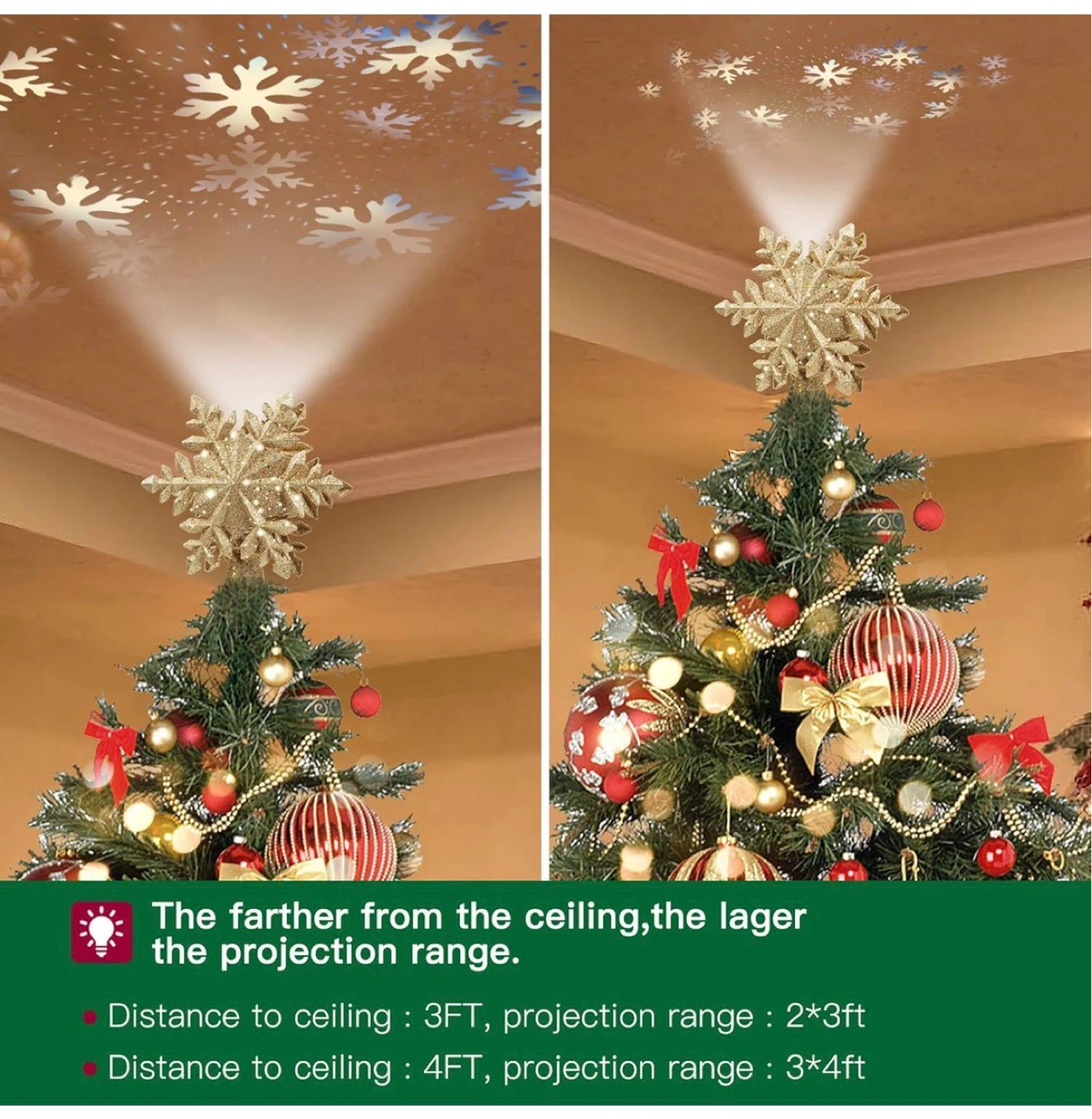 JKUNDA Gold Glitter Snowflake Tree Topper with LED Projector - photo 4