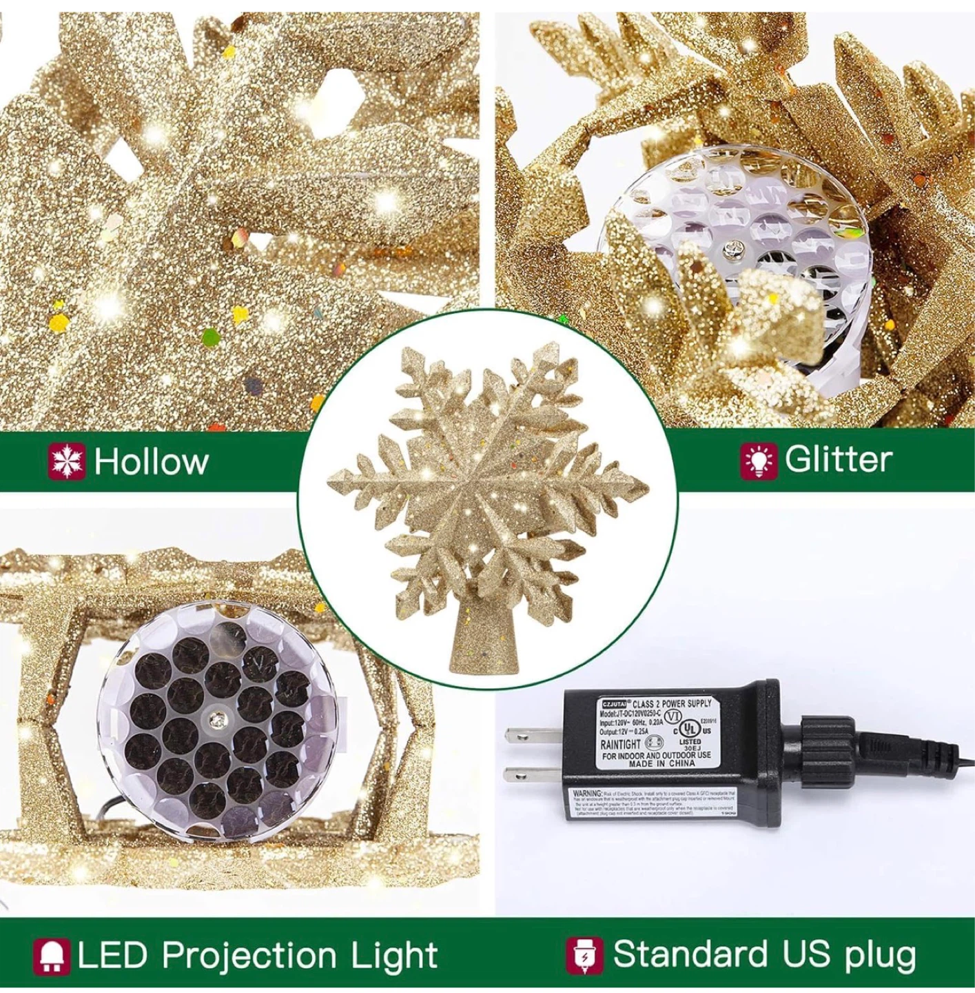 JKUNDA Gold Glitter Snowflake Tree Topper with LED Projector - photo 3