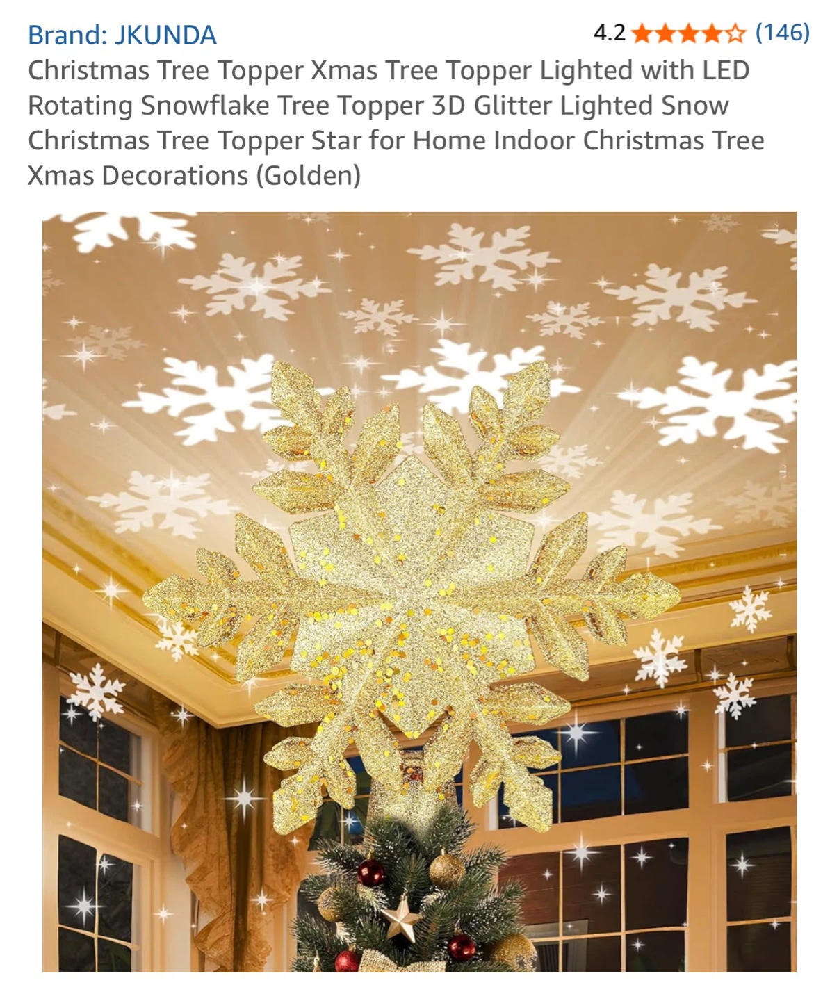 JKUNDA Gold Glitter Snowflake Tree Topper with LED Projector