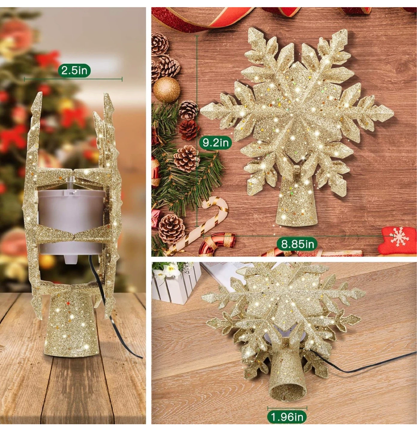 JKUNDA Gold Glitter Snowflake Tree Topper with LED Projector - photo 2
