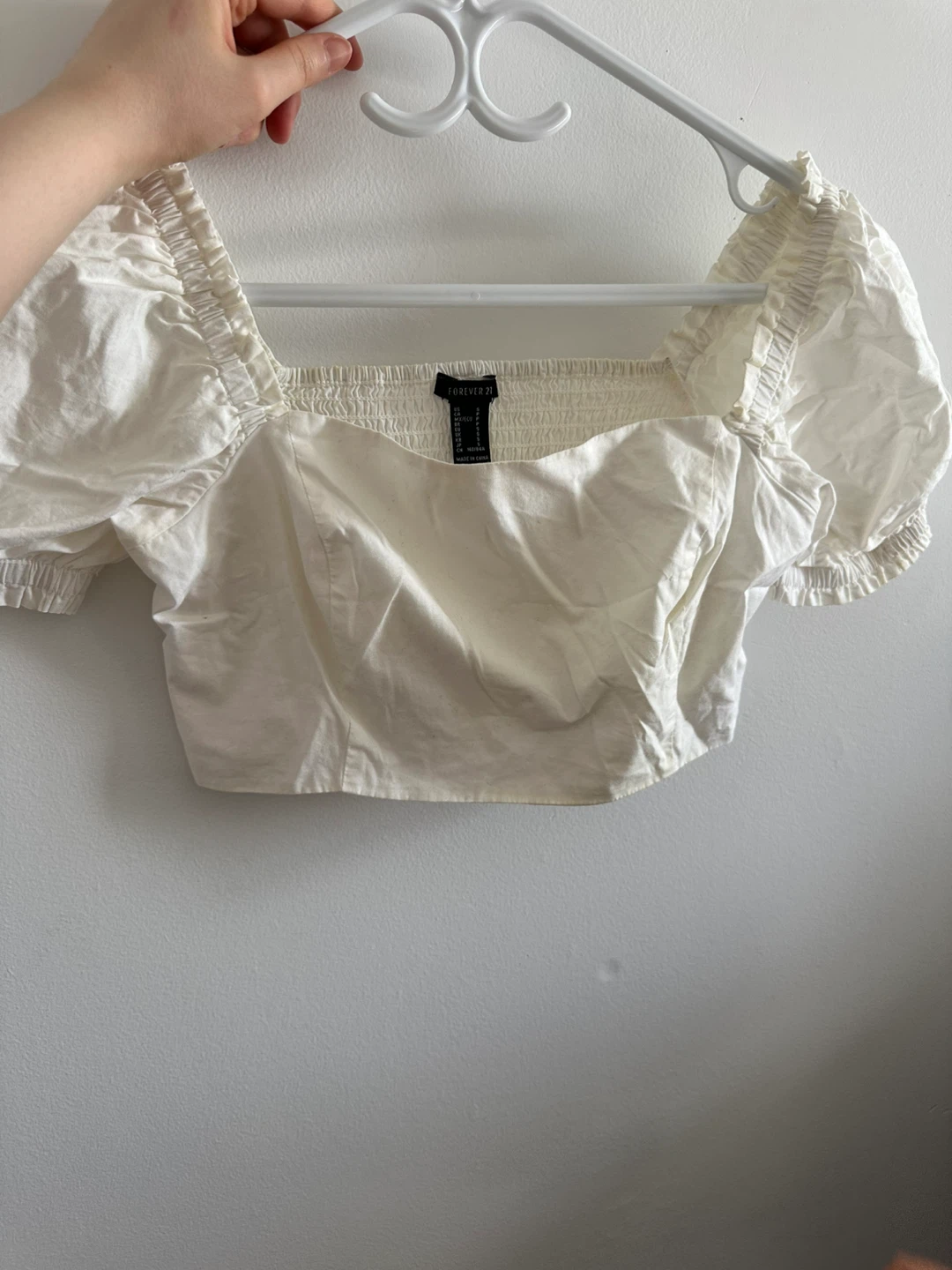 Forever 21 White Smocked Puff Sleeve Crop Top - Size S