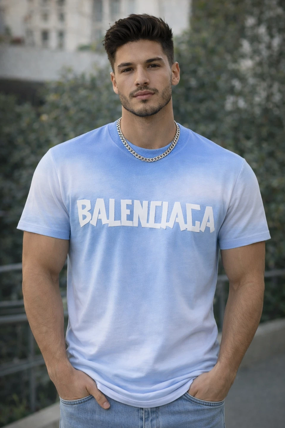 Balenciaga Paris Blue Tie-Dye Logo T-Shirt