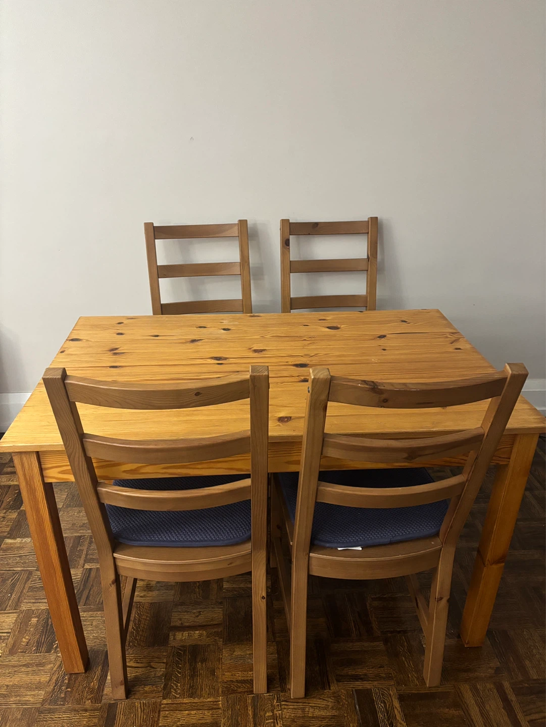 IKEA Wooden Dining Table Set with 4 Chairs and Cushions
