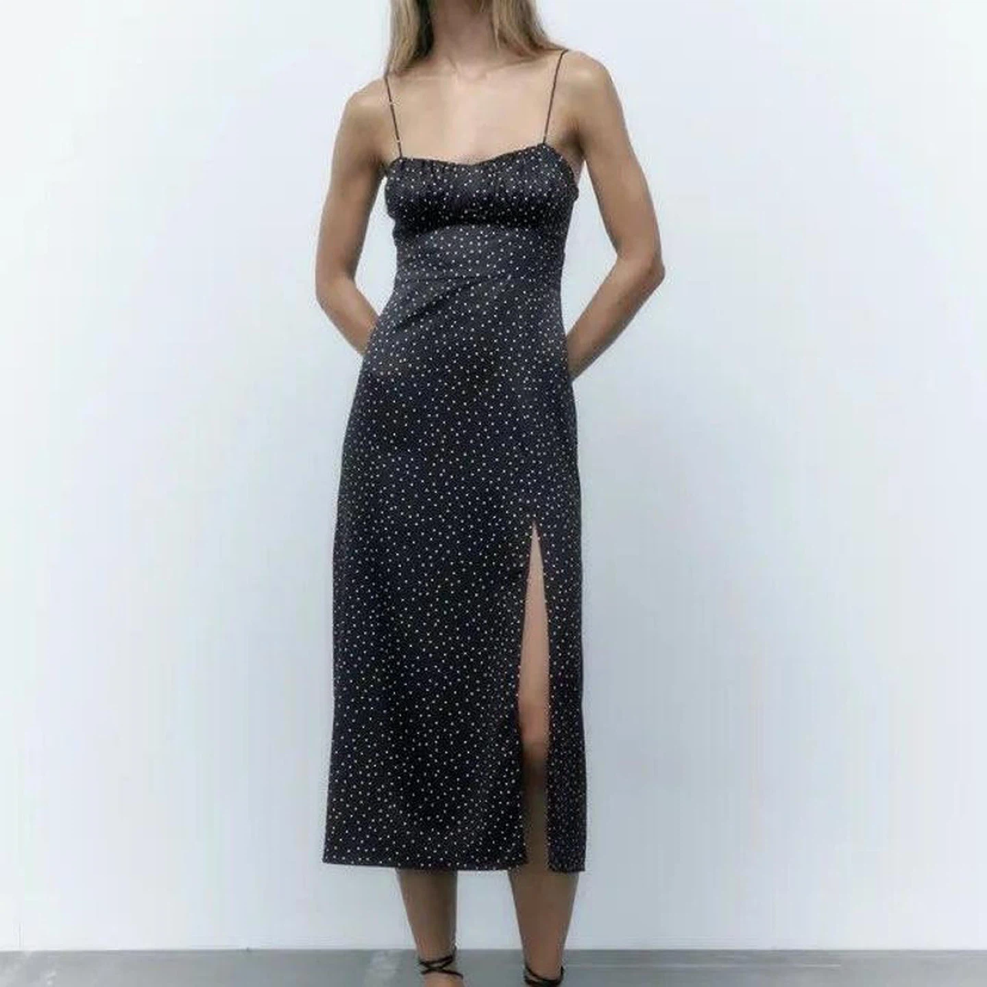 Zara black satin mid dress white polka dots size med