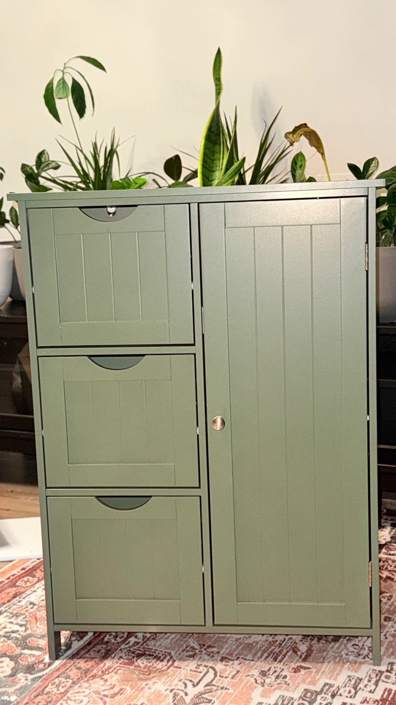Green Storage Cabinet with Drawers and Door