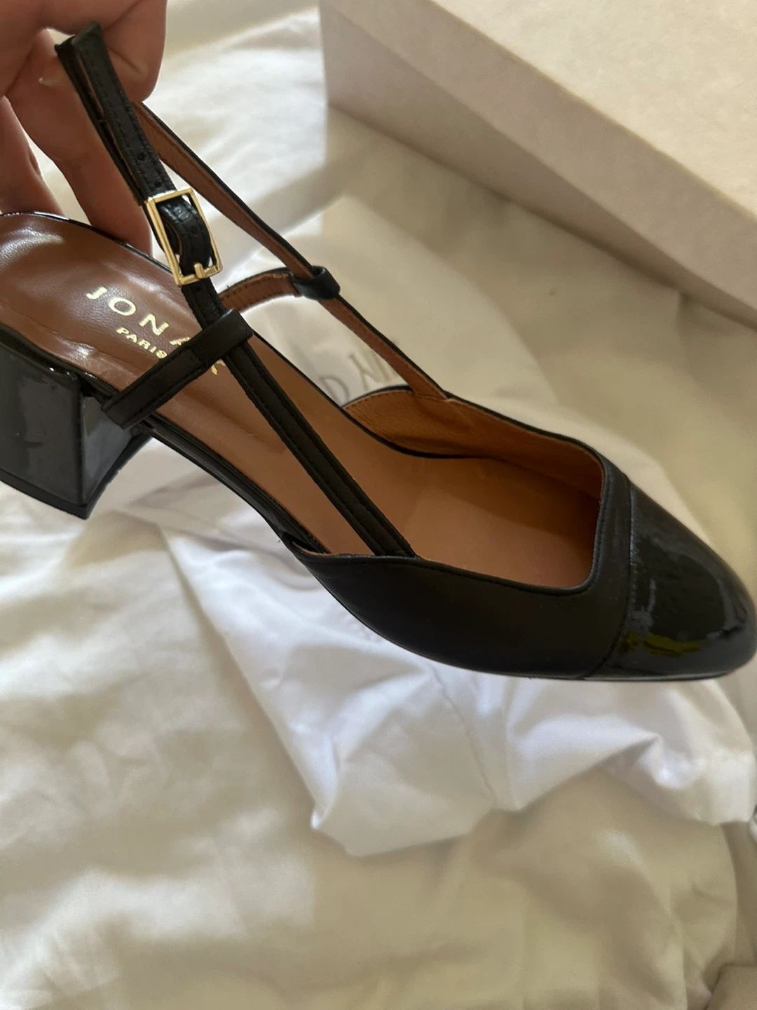 JONAK Paris Black Leather Slingback Block Heels