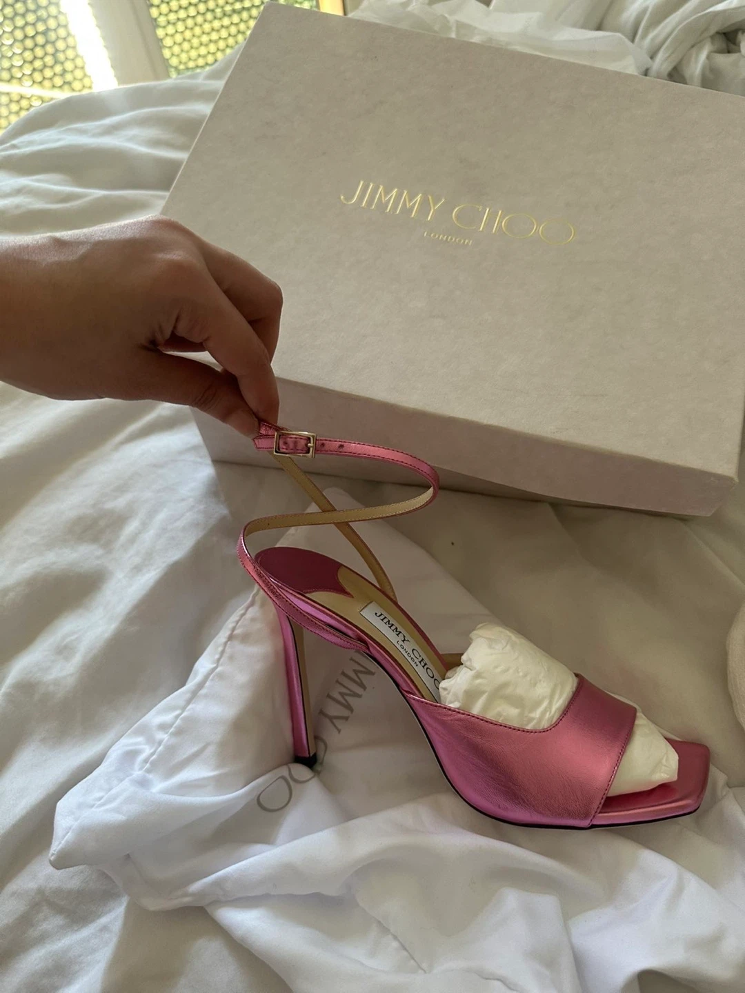 Jimmy Choo Pink Metallic Leather Heels with Box