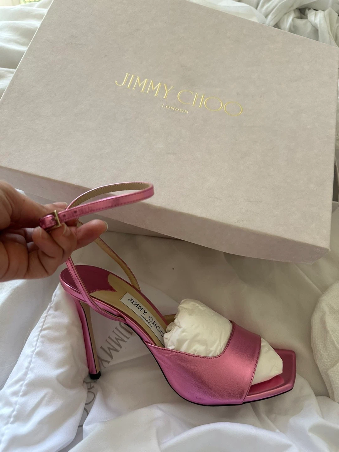 Jimmy Choo Pink Metallic Leather Heels with Box - photo 2