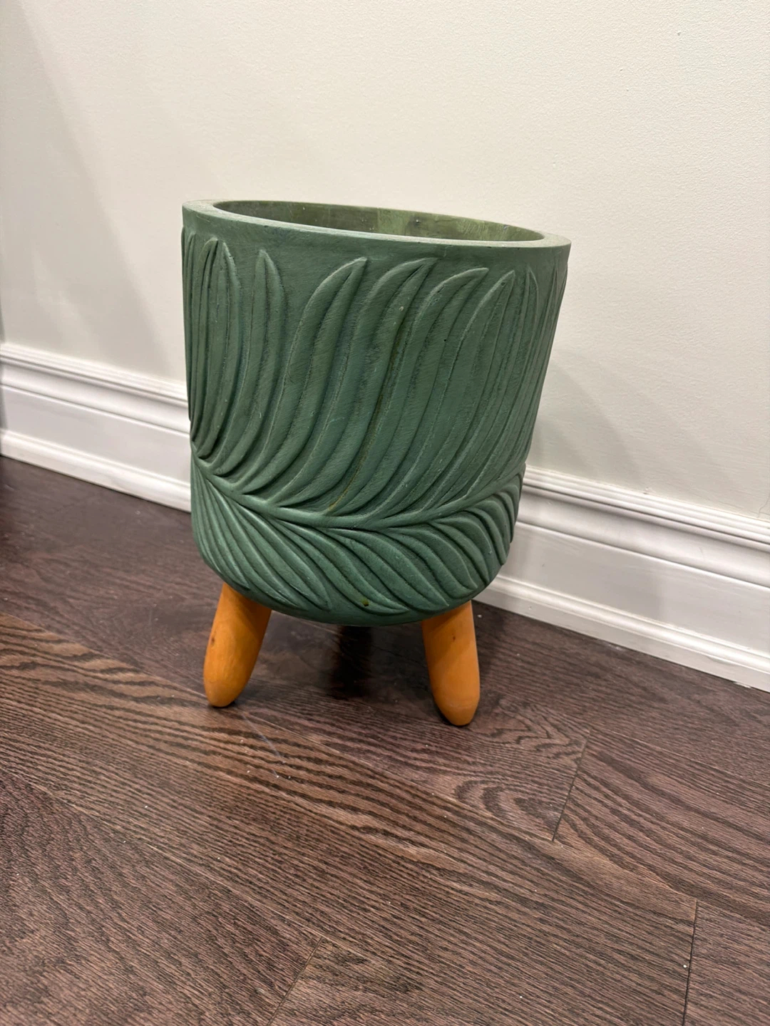 Green Leaf Pattern Planter with Wooden Legs