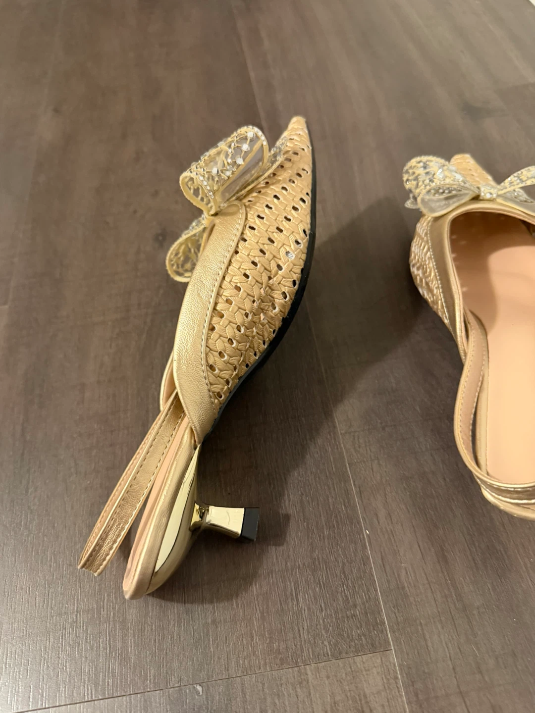 Gold Embellished Bow Pointed Toe Slingback Heels - photo 4