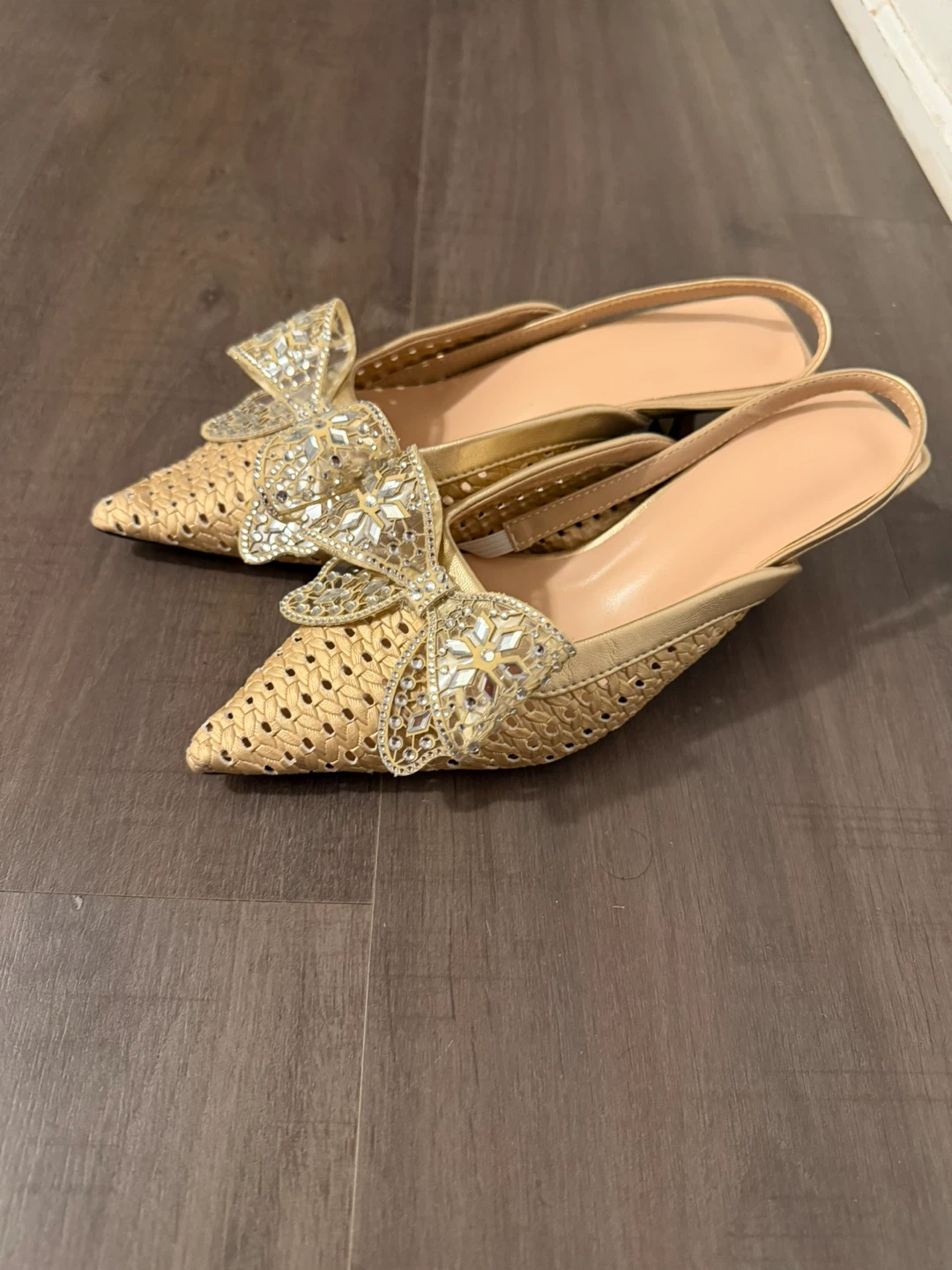 Gold Embellished Bow Pointed Toe Slingback Heels