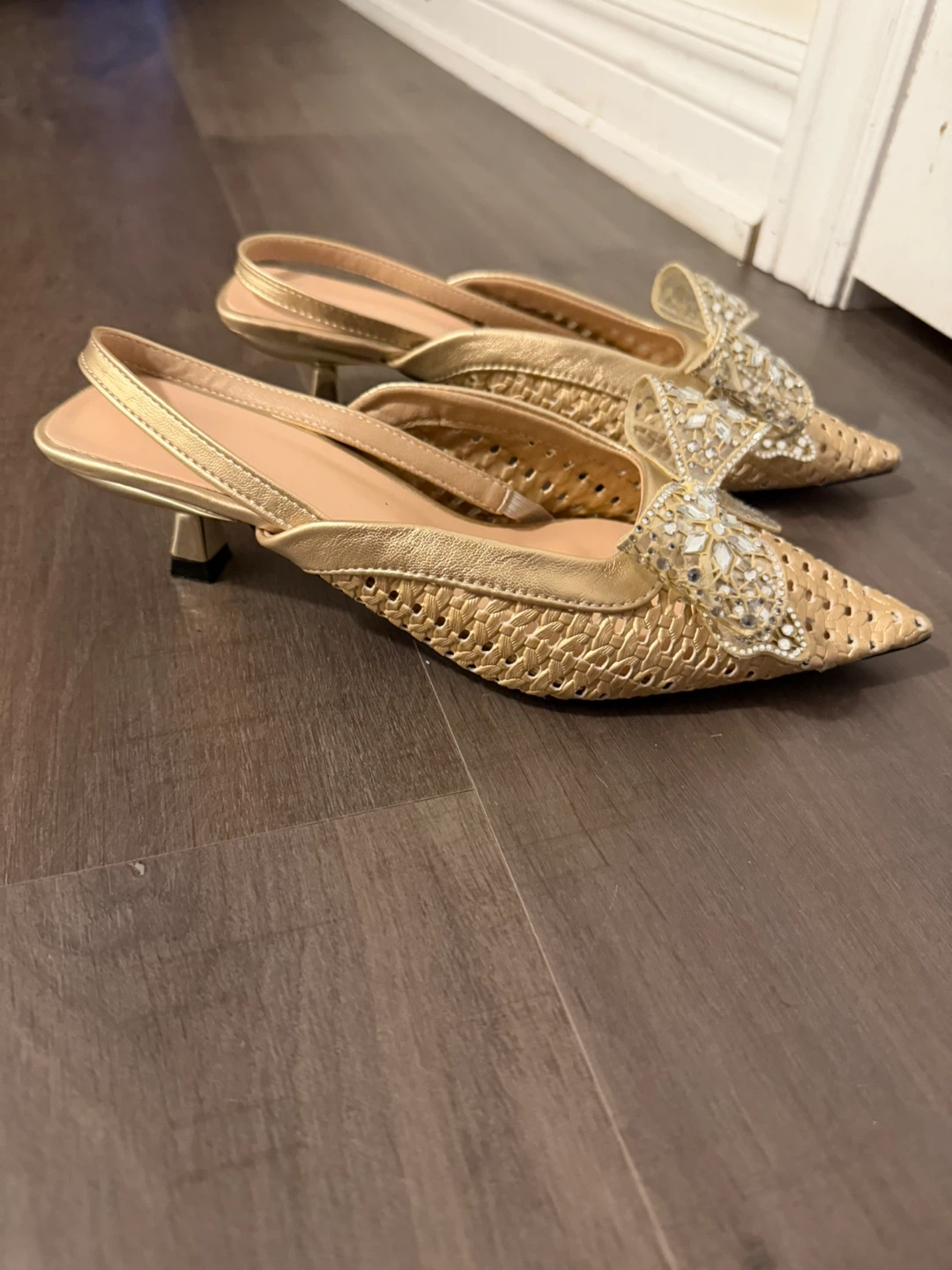 Gold Embellished Bow Pointed Toe Slingback Heels - photo 2