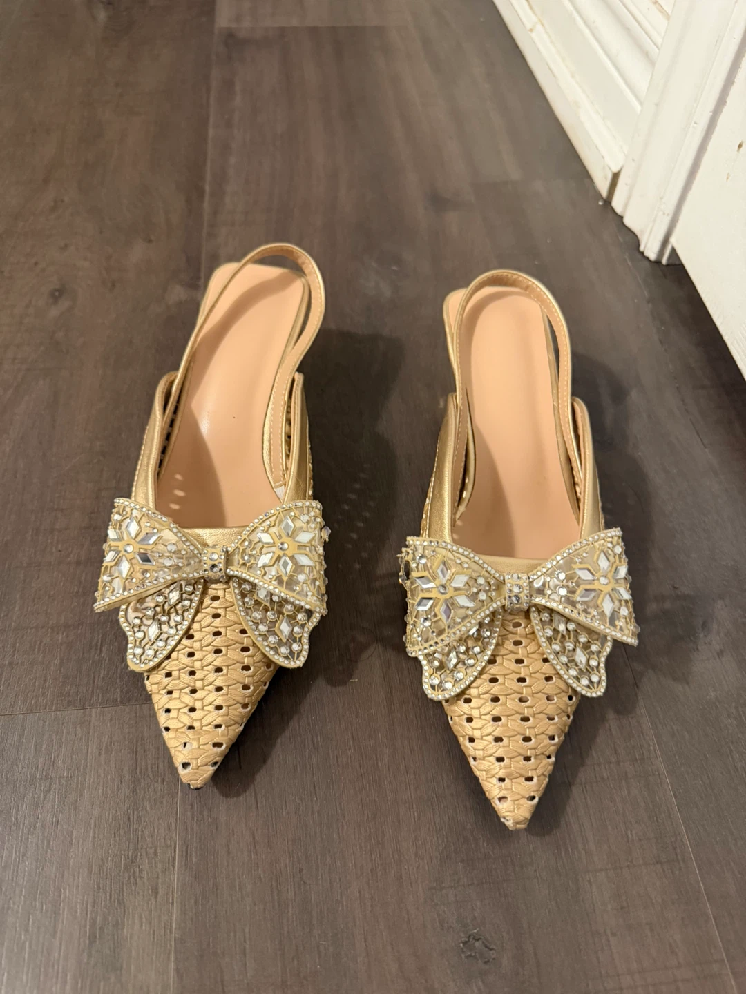 Gold Embellished Bow Pointed Toe Slingback Heels - photo 3
