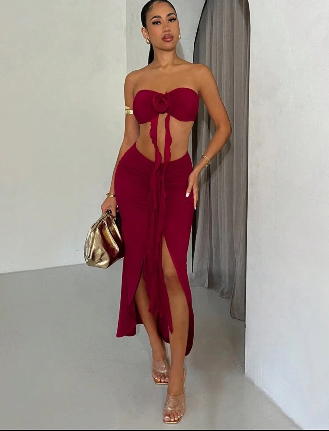 RED Two-Piece Tube Top and Skirt Set