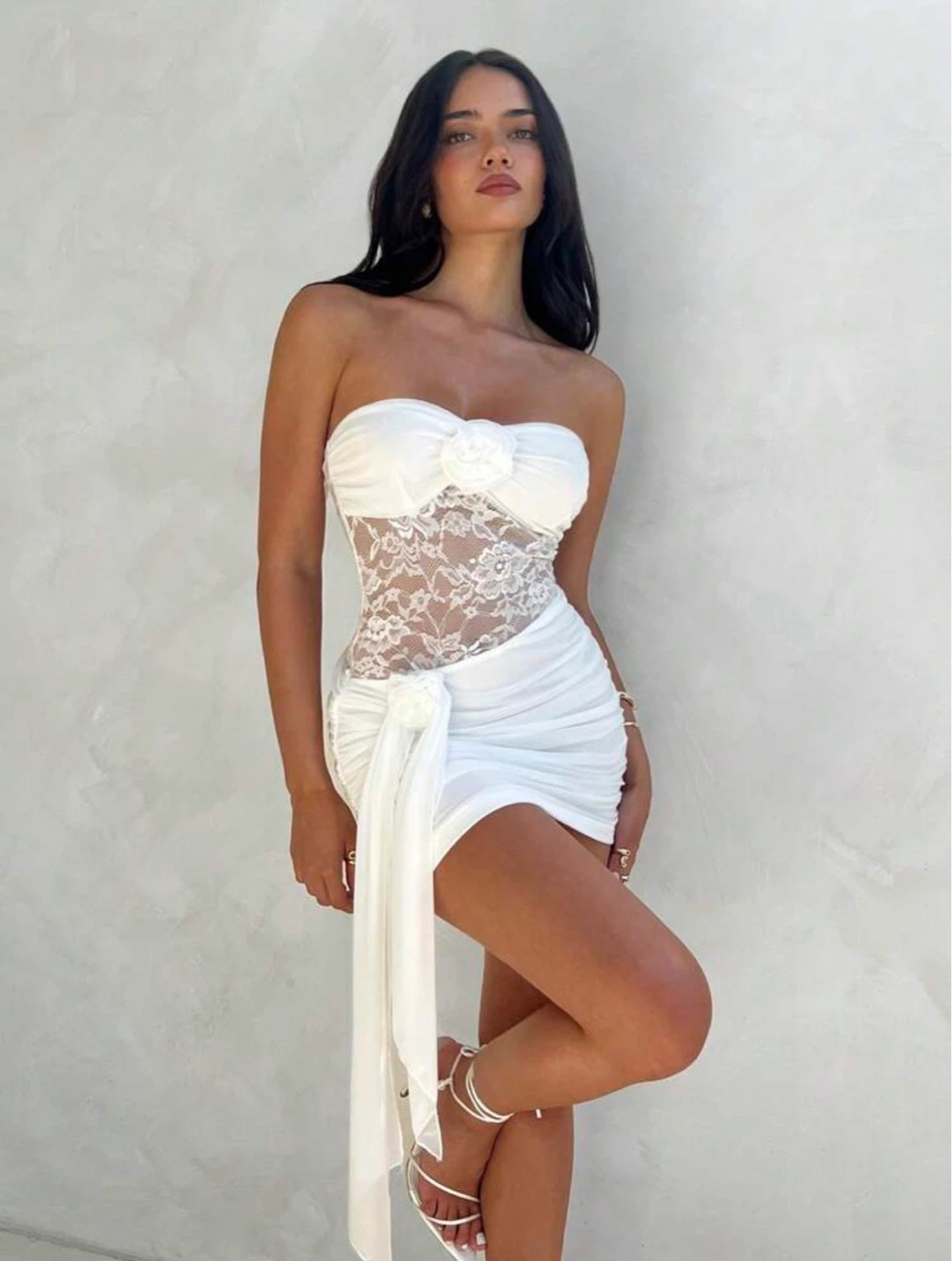 White Lace Strapless Mini Dress