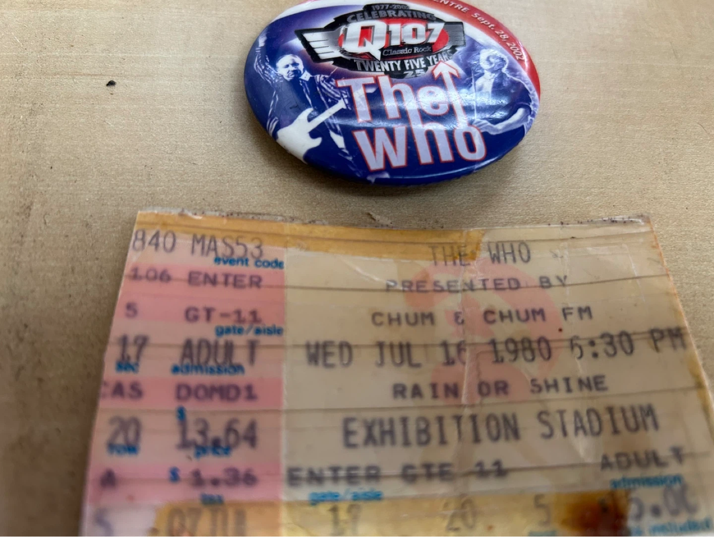 The Who Concert Ticket and Pin - July 16, 1980