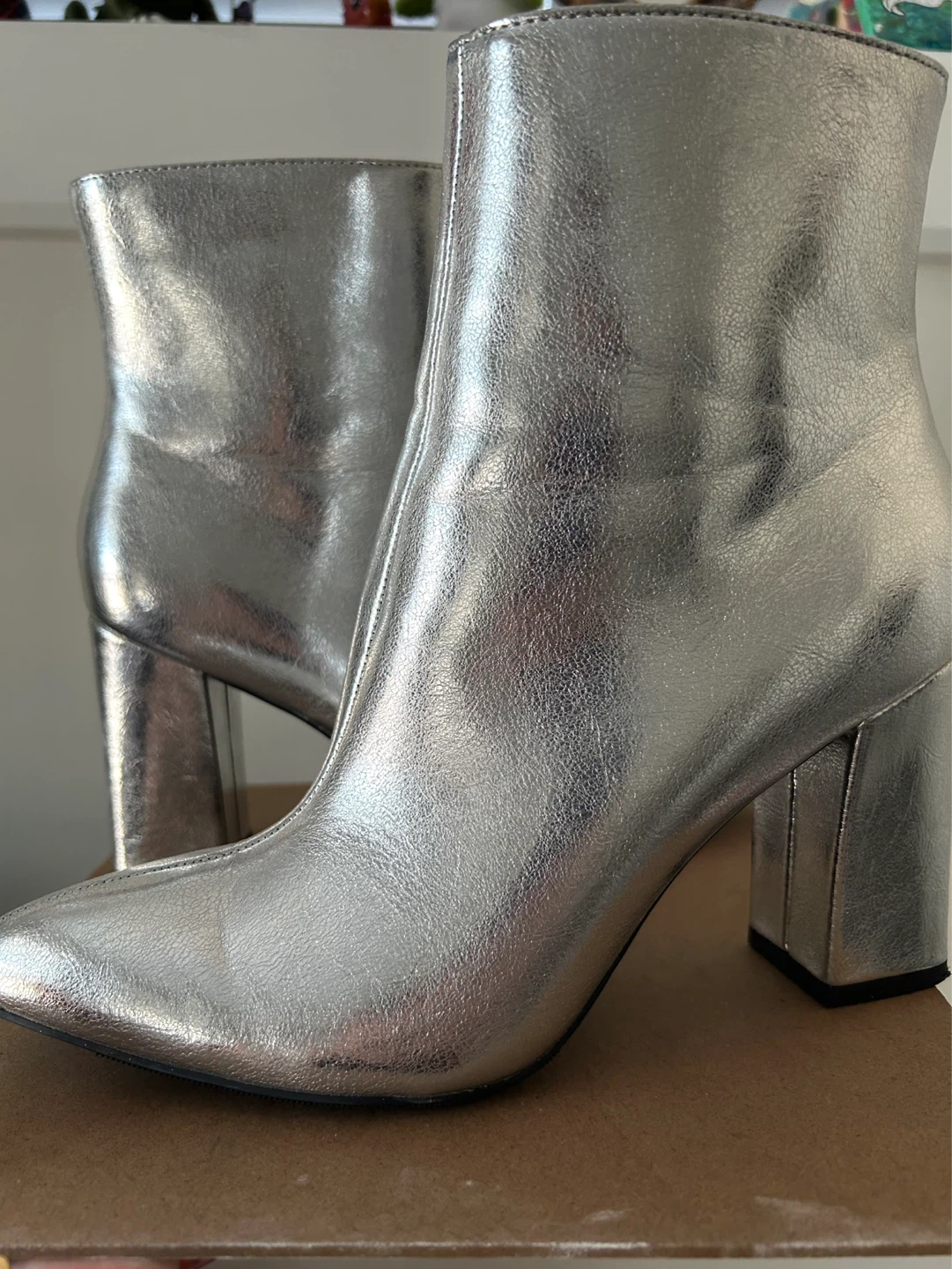 Silver Metallic Block Heel Ankle Boots
