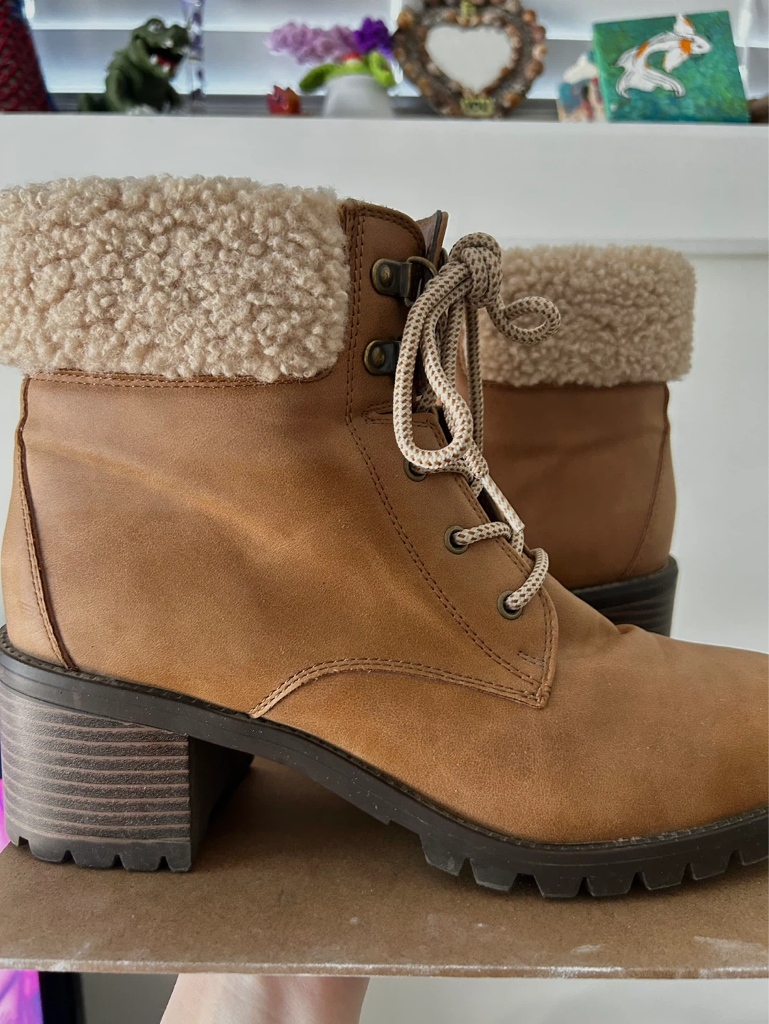 Tan Lace-Up Boots with Sherpa Trim