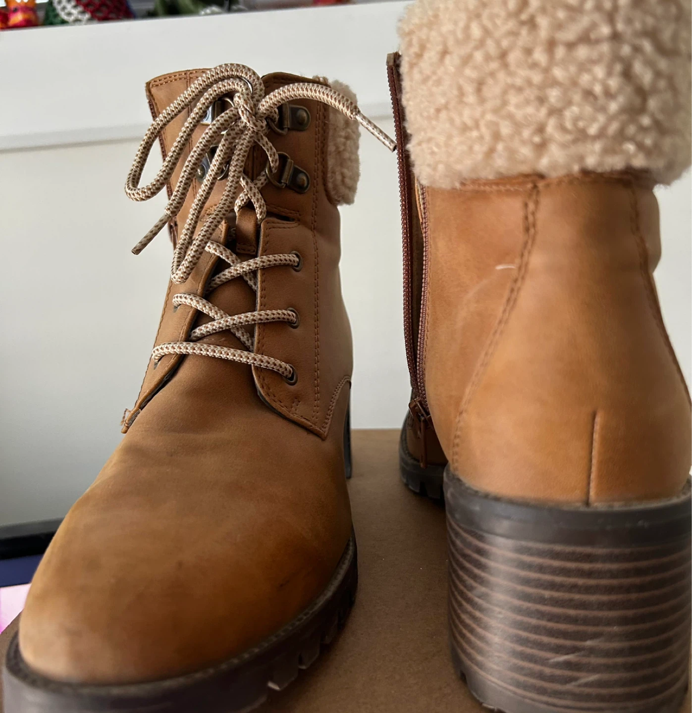 Tan Lace-Up Boots with Sherpa Trim - photo 2