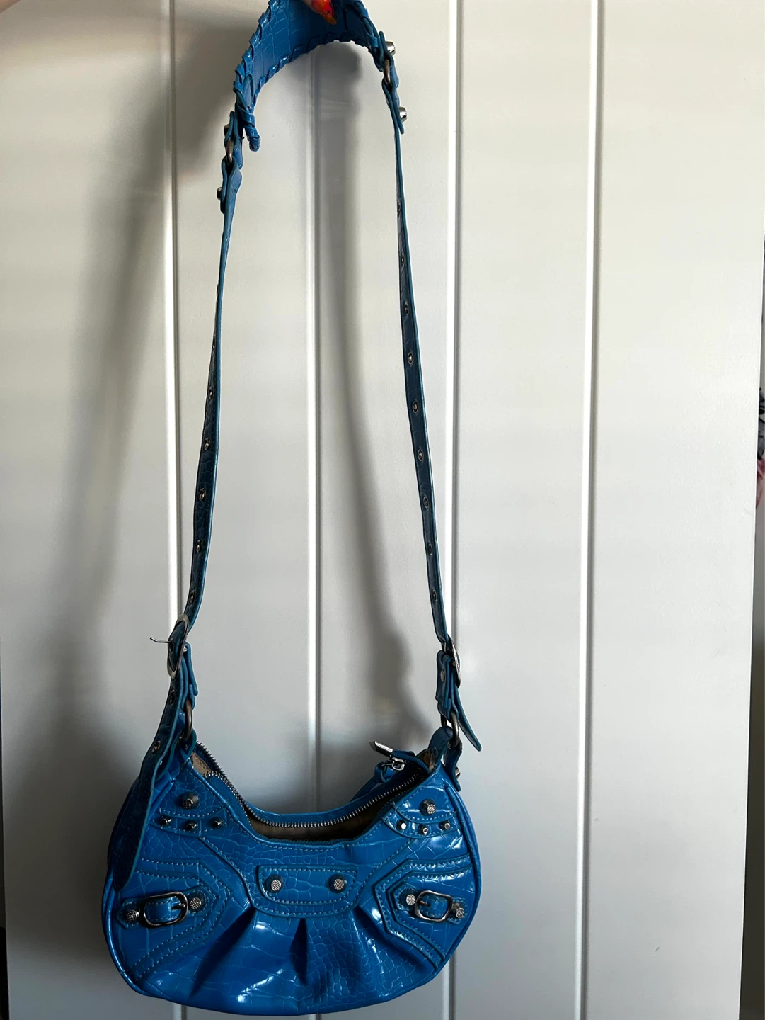 Blue Faux Croc Shoulder Bag with Studs
