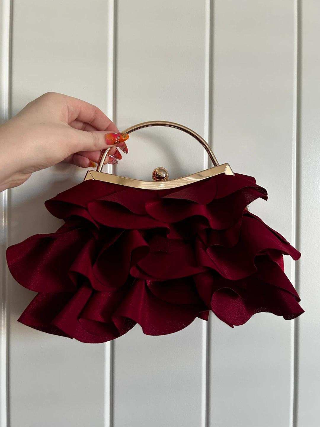 Burgundy Ruffle Clutch with Gold Handle