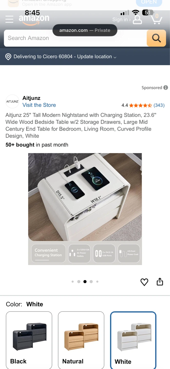 Modern Nightstand with Charging Station - White