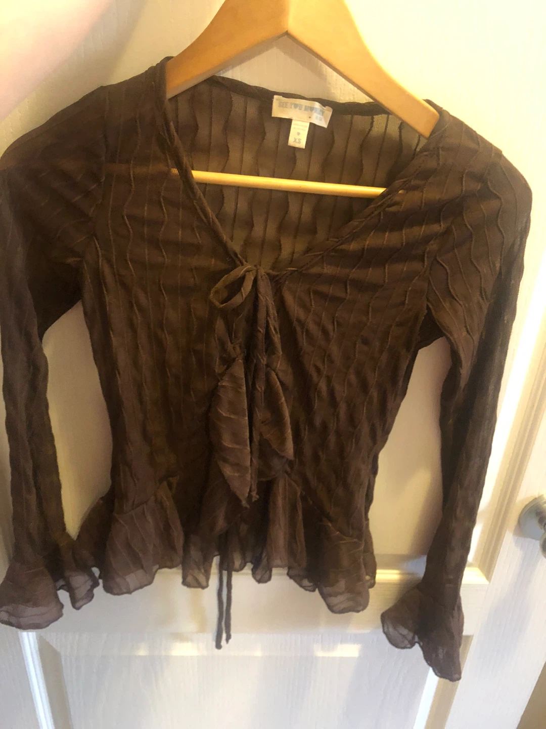 Brown Sheer Tie-Front Top - XS