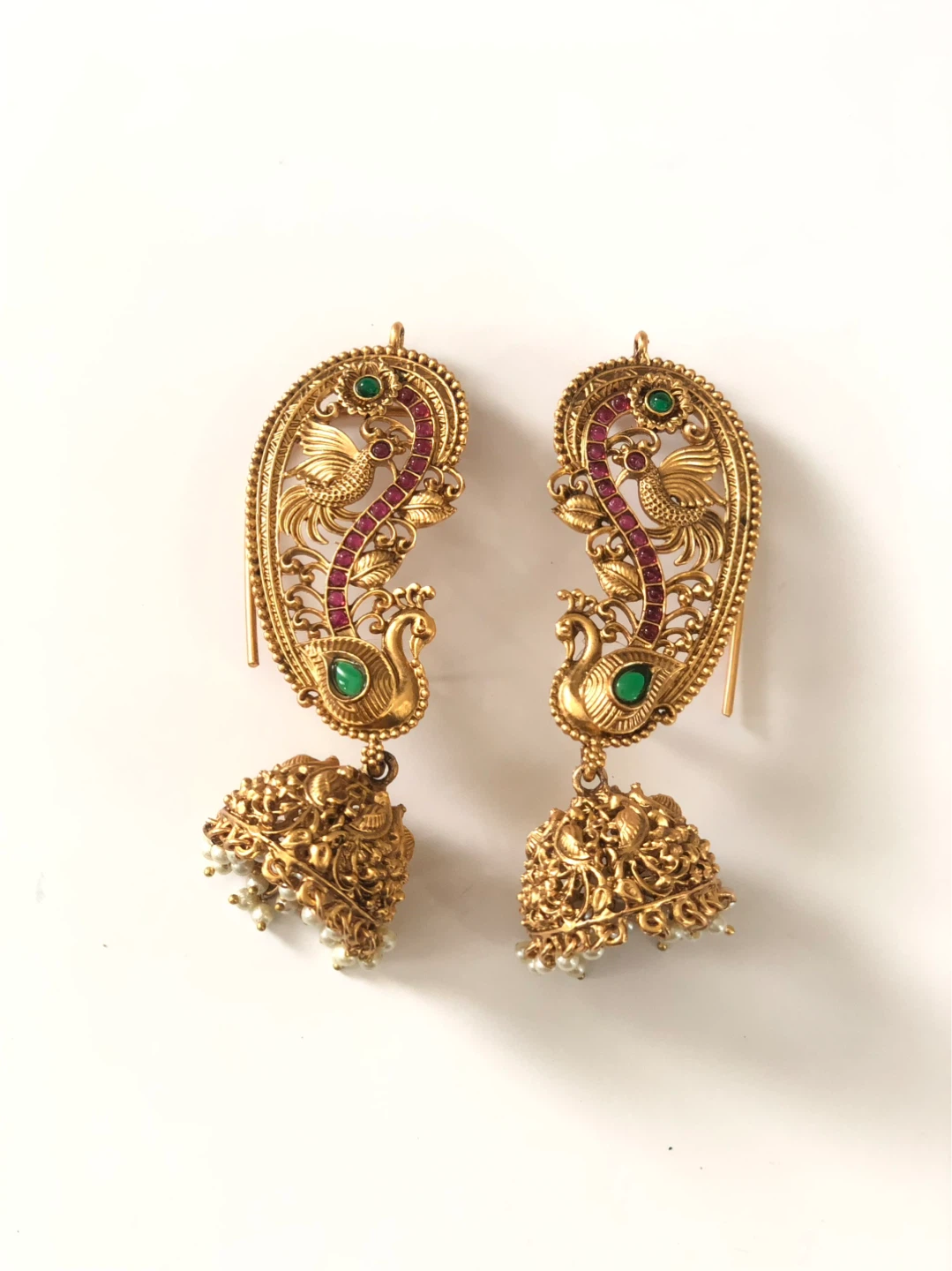 Gold Tone Peacock Earrings cuffs with Pearls
