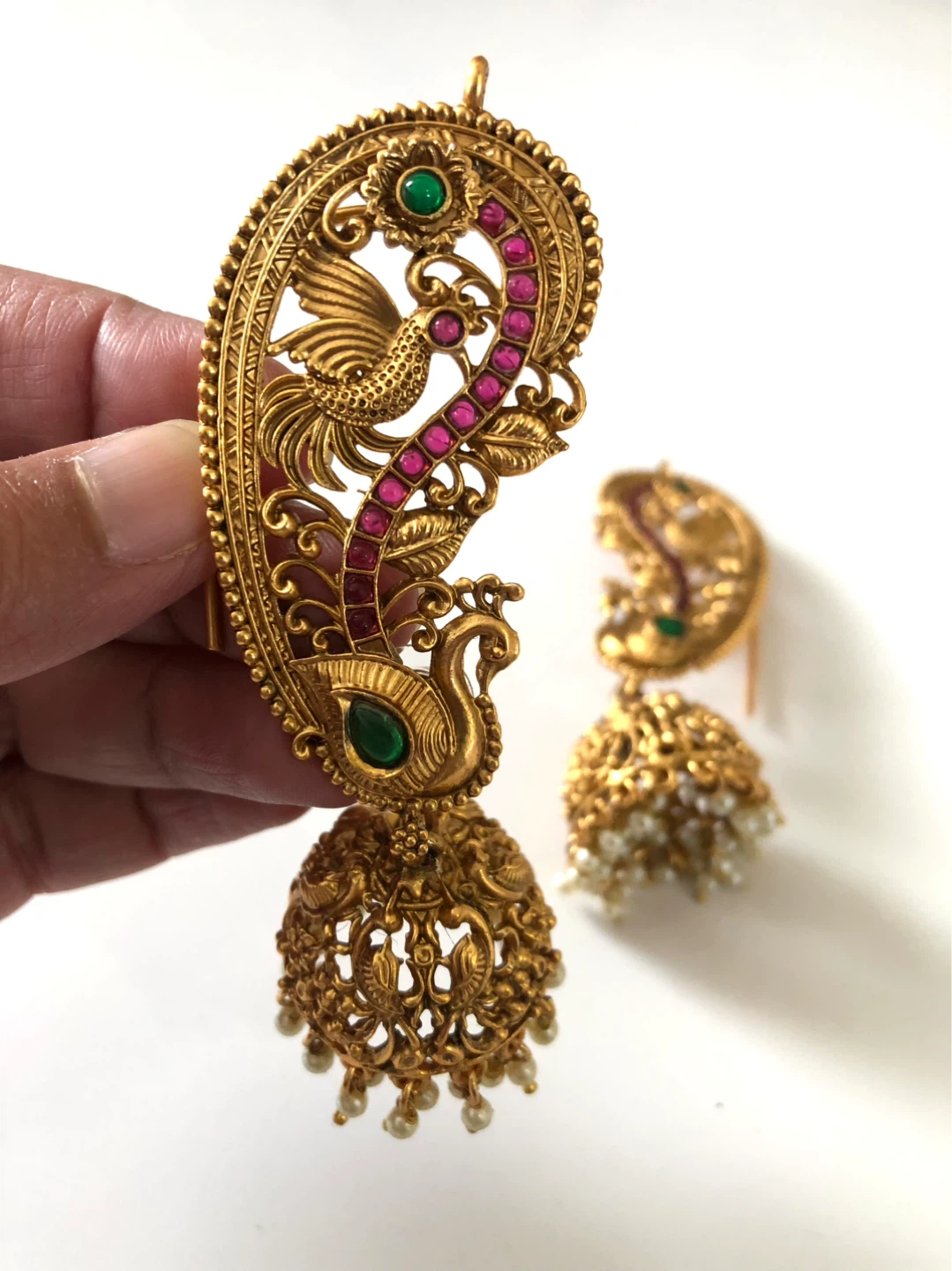 Gold Tone Peacock Earrings cuffs with Pearls - photo 2