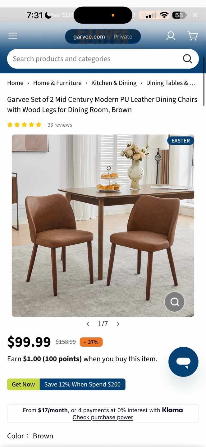 Garvee Set of 2 Mid Century Modern PU Leather Dining Chairs