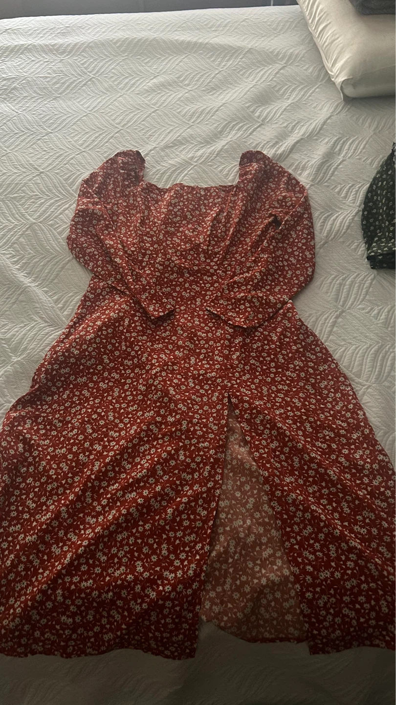 SHEIN Red Floral Print Square Neck Midi Dress Size L