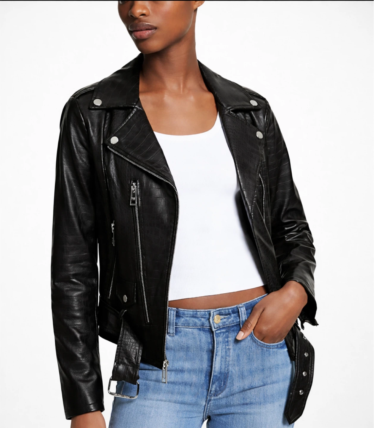 Michael Kors Croc Embossed Biker Faux Leather Jacket - photo 5