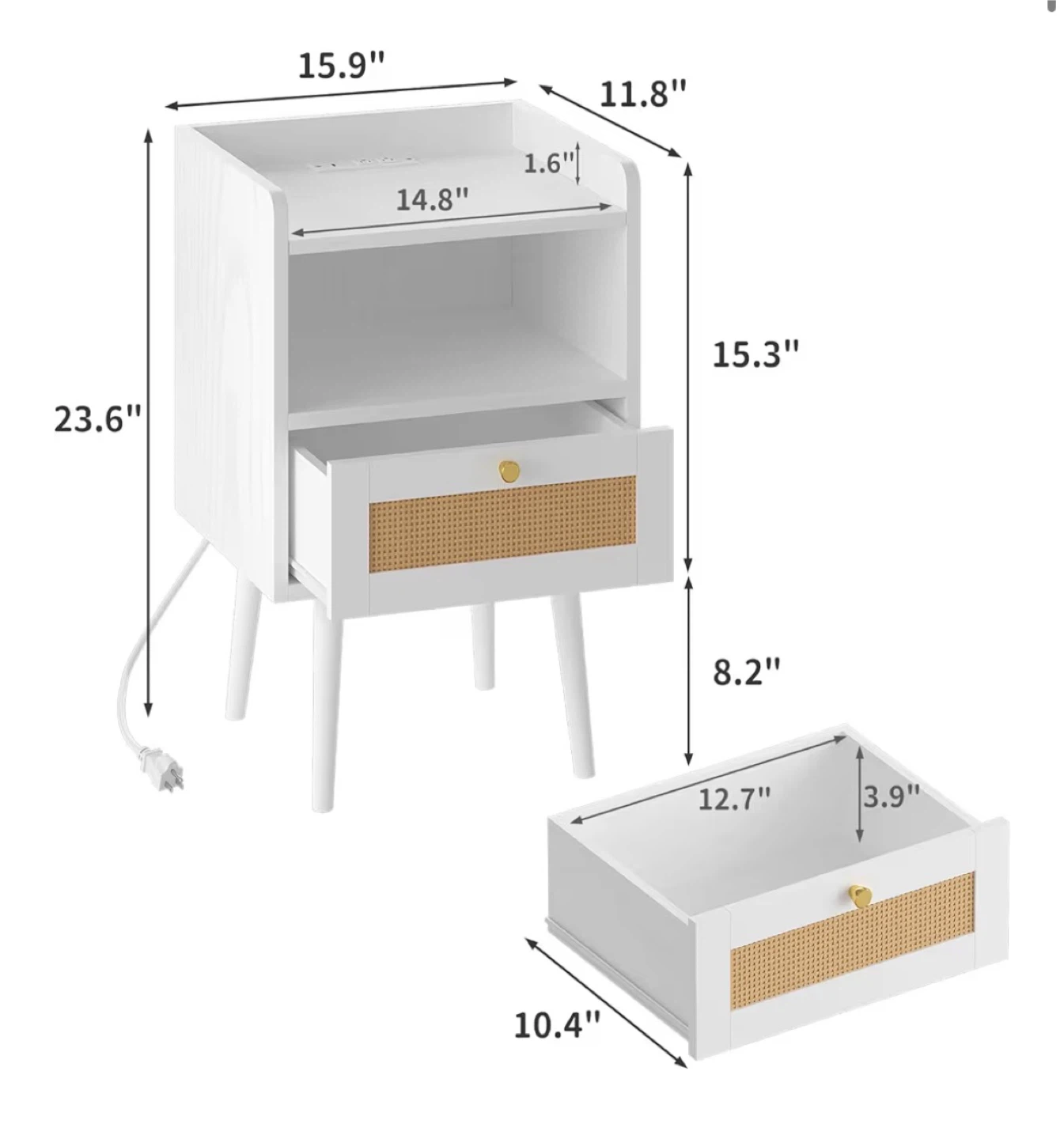 White Rattan Nightstands with Drawer & Built-in Charging Station - photo 5