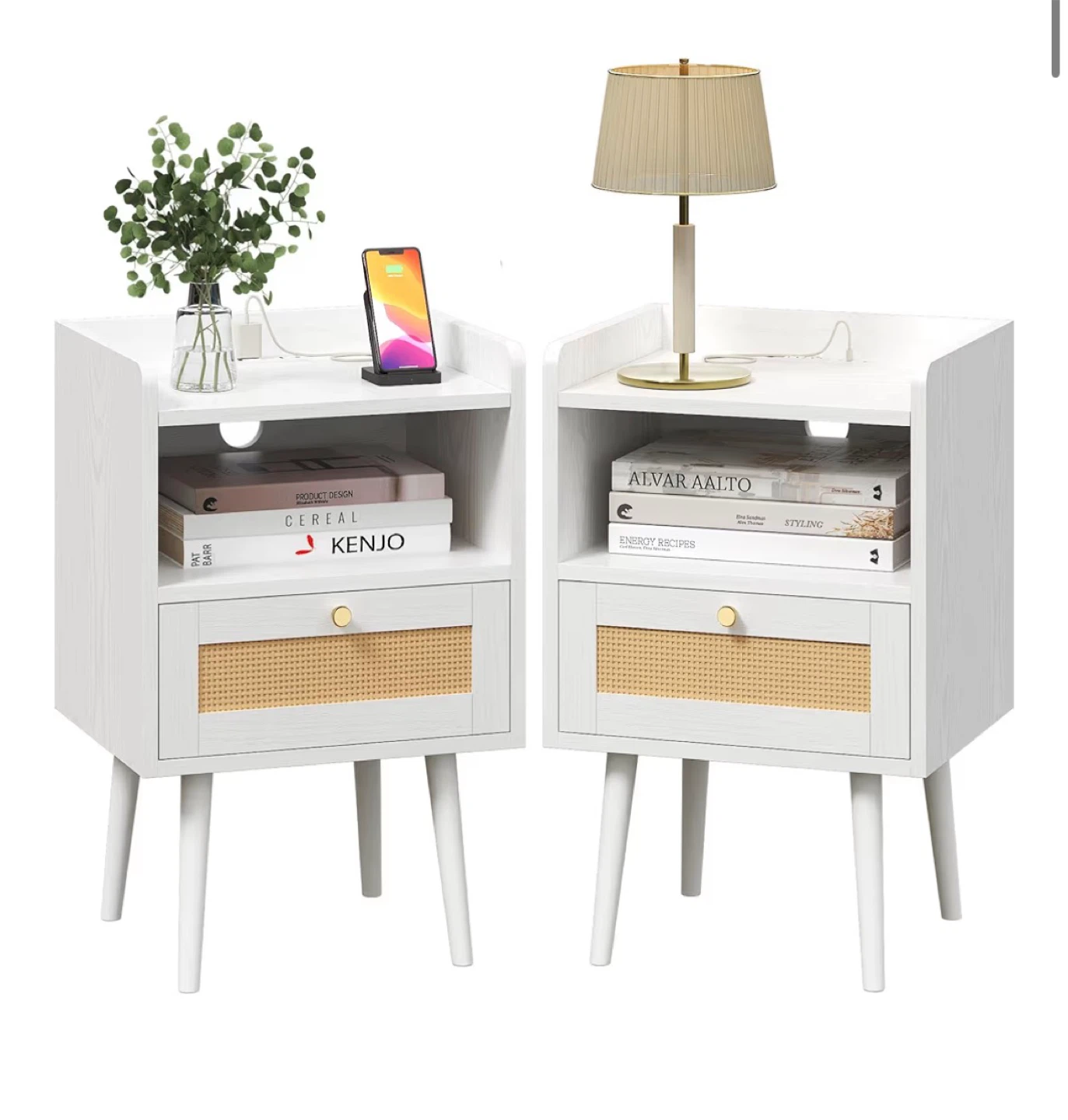 White Rattan Nightstands with Drawer & Built-in Charging Station - photo 4