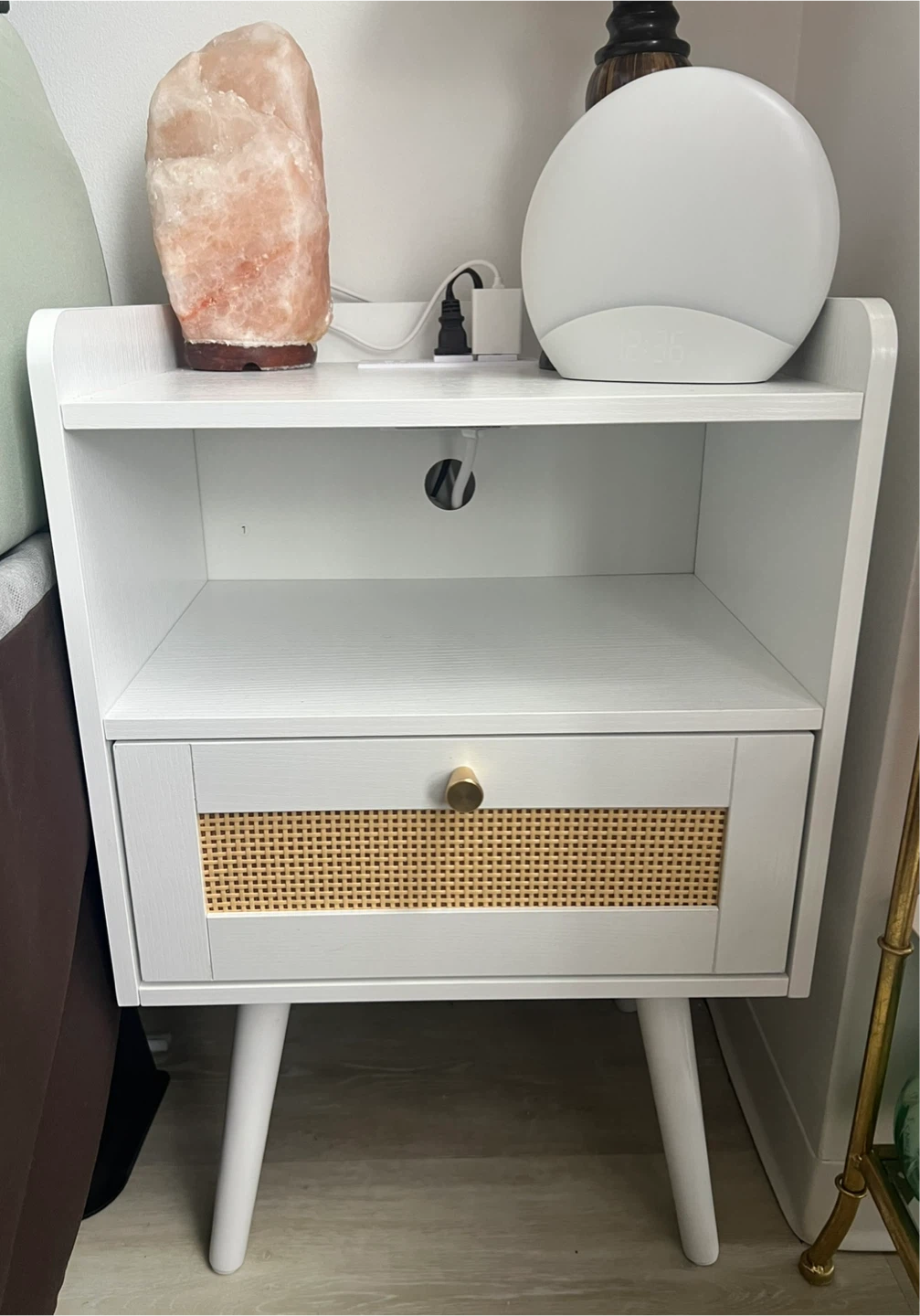 White Rattan Nightstands with Drawer & Built-in Charging Station
