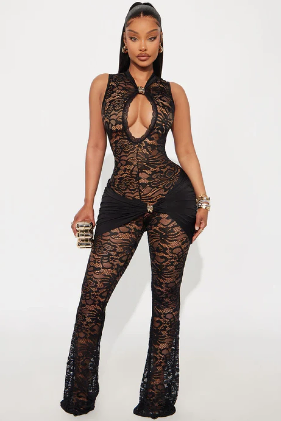 Fashion Nova Come Closer Lace Flare Leg Jumpsuit – XL – New