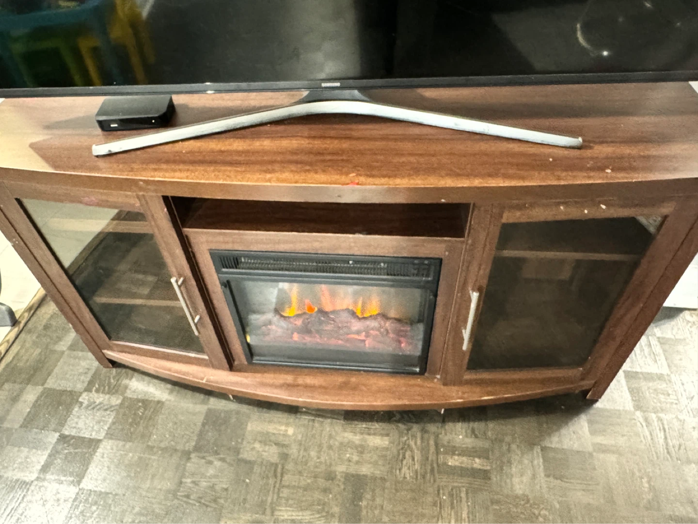 Curved TV Stand with Electric Fireplace - Dark Wood - photo 3
