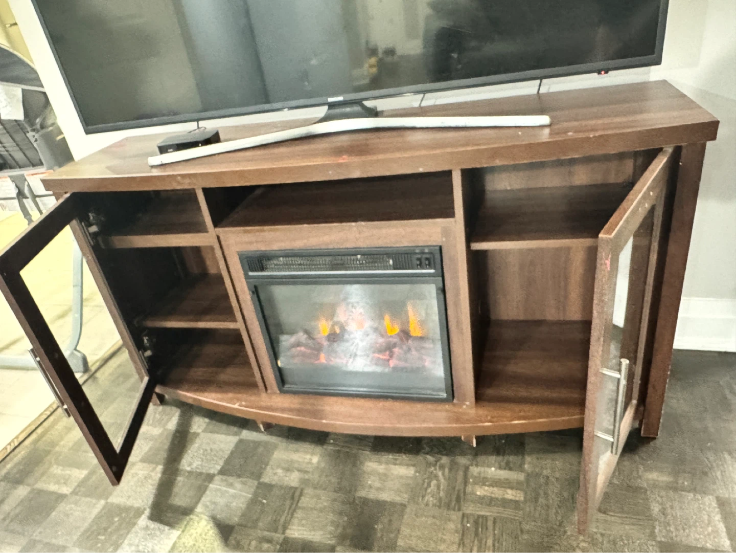 Curved TV Stand with Electric Fireplace - Dark Wood - photo 2