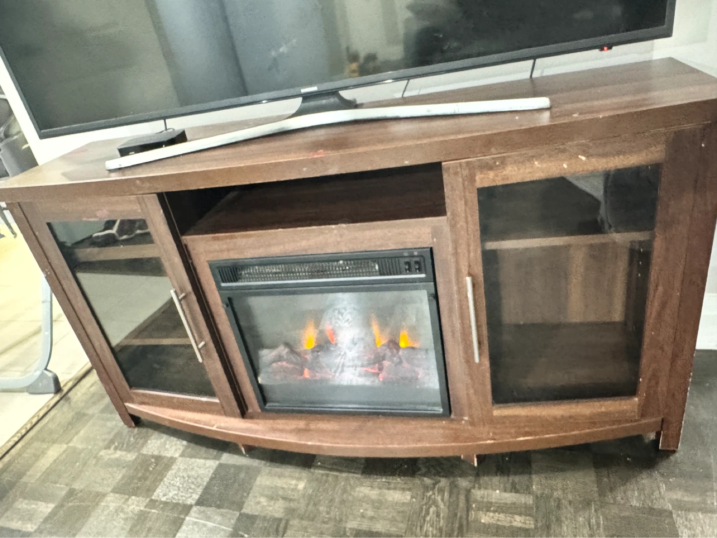 Curved TV Stand with Electric Fireplace - Dark Wood
