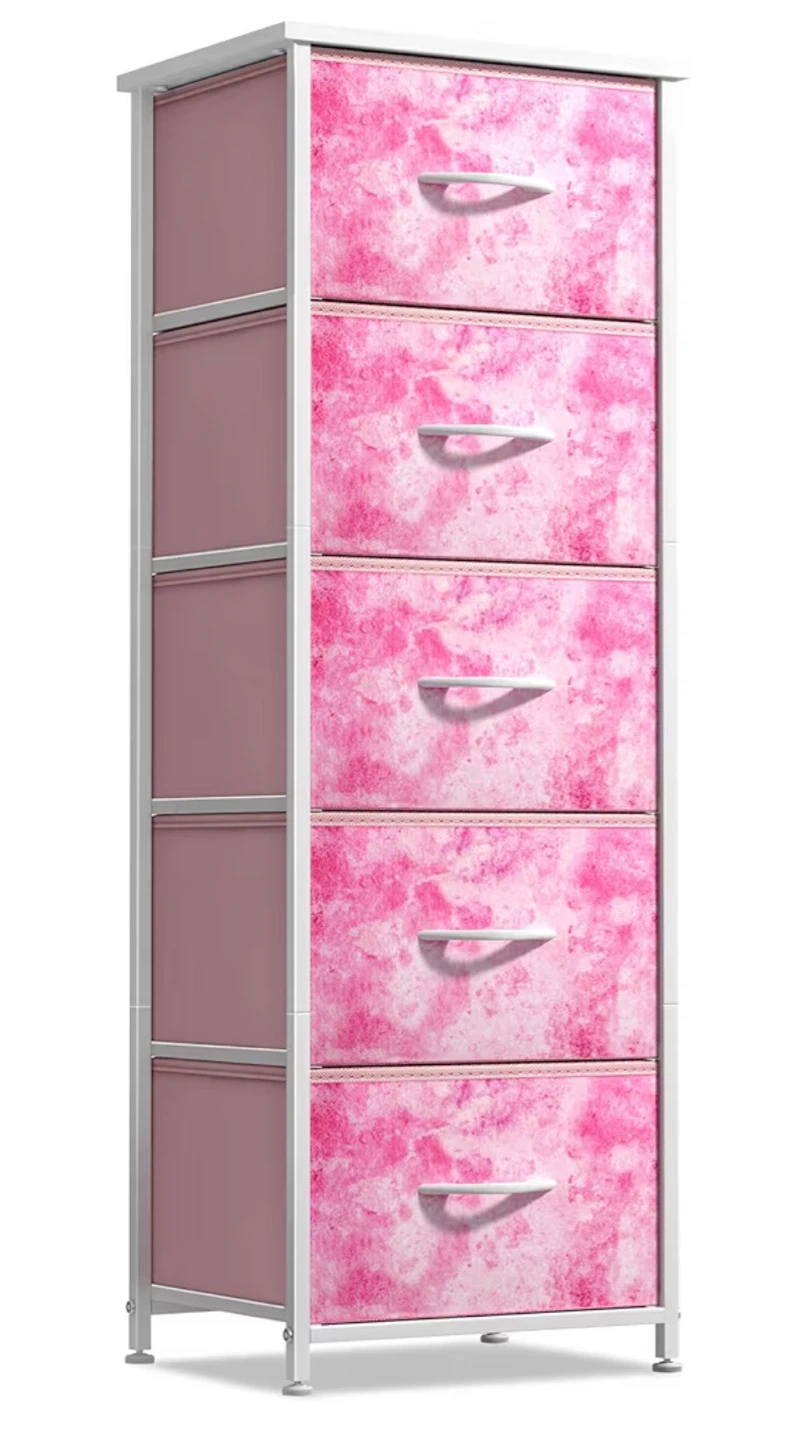 5-Drawer Fabric Dresser with Pink Marble Design