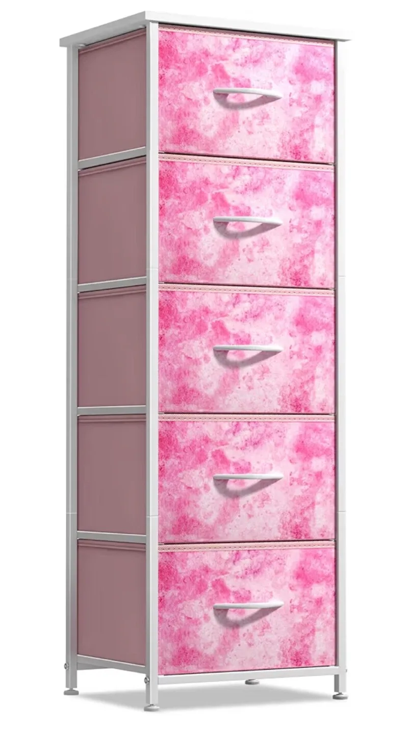 5-Drawer Fabric Dresser with Pink Marble Design