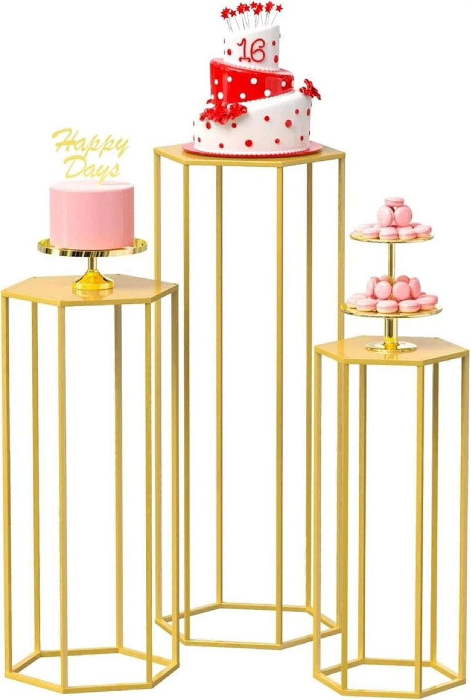 Brand new 3 Gold Hexagonal Pedestal Stands rents only